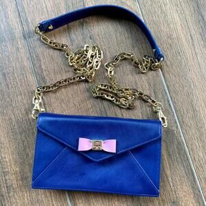 Tory Burch envelope clutch crossbody wallet blue leather pink bow